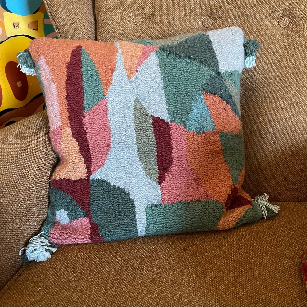 Punch Needle Patchwork Geometric Tassel Throw Pillow